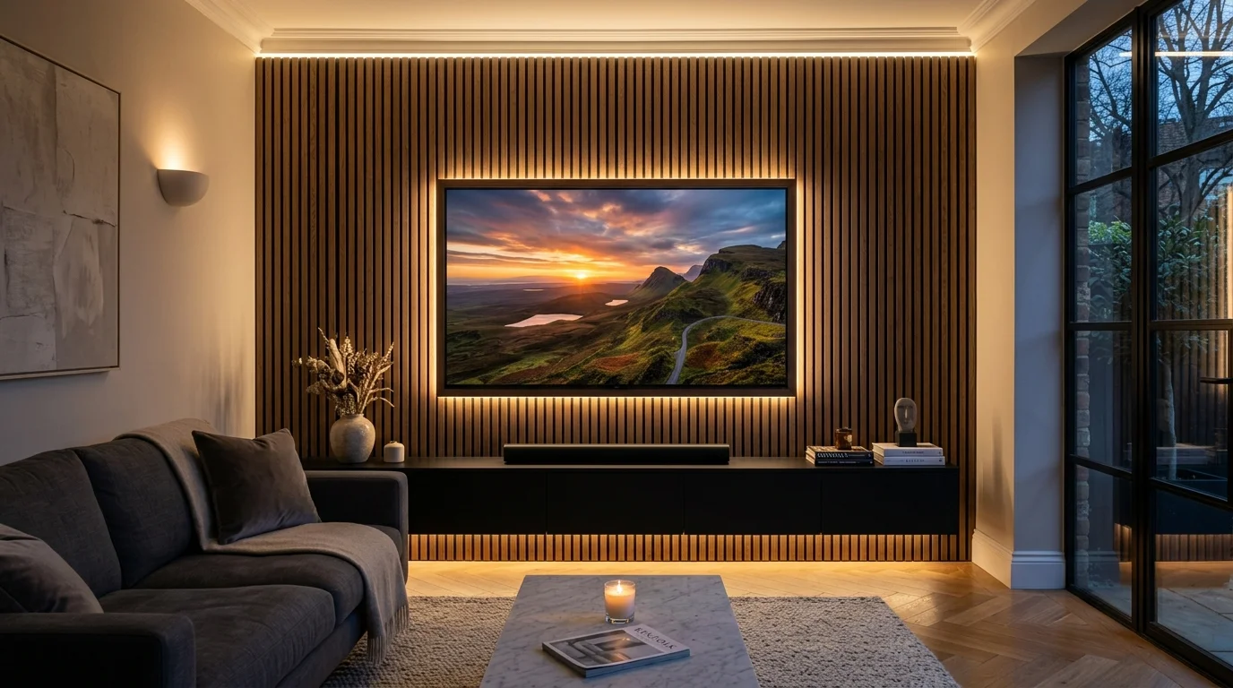 Bespoke acoustic wood media wall with flush mounted TV in Mill Hill Blackburn