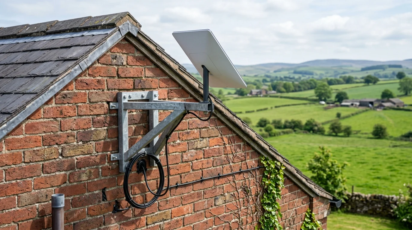 Rectangular Starlink Gen 3 dish mounted on heavy-duty galvanized Pennine storm bracket on a brick gable wall with neat drip loop cabling in Lancashire