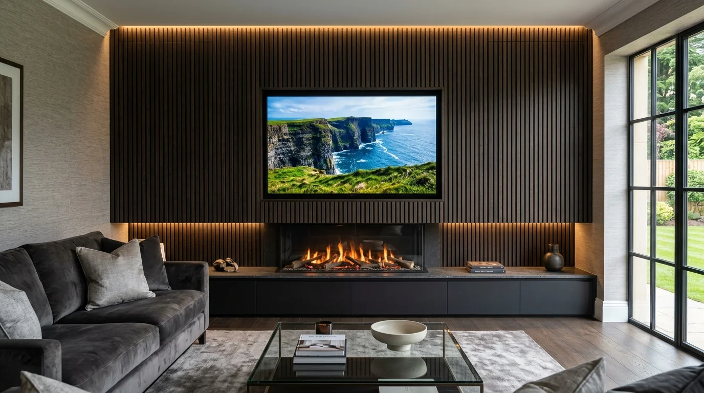 Luxury Acoustic Media Wall TV Installation in Newcastle upon Tyne with Recessed OLED Display
