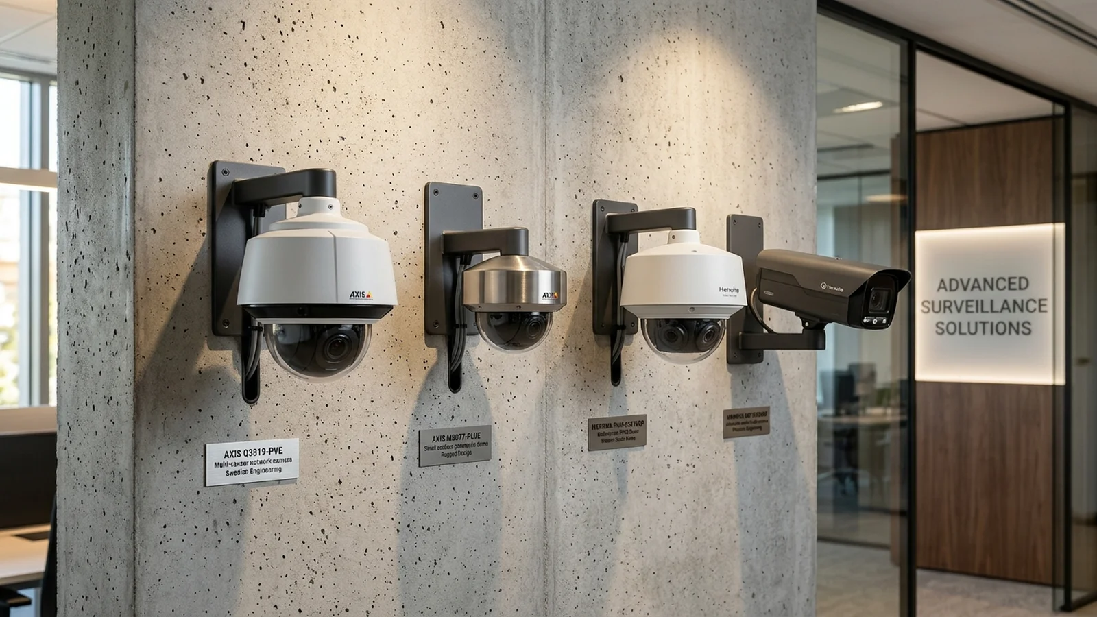 Commercial security cameras by Axis Communications and Hanwha Vision mounted on an architectural display.