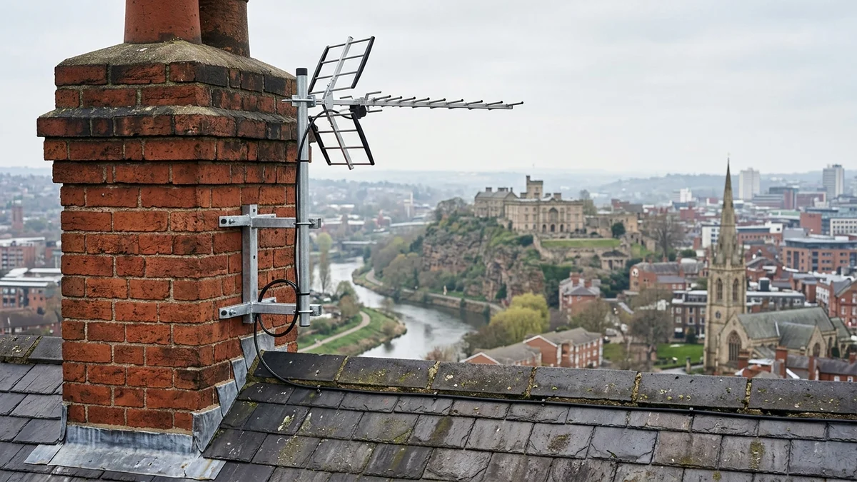 Professional digital TV aerial installation in Nottingham with high-gain benchmark aerial and heavy-duty storm bracket