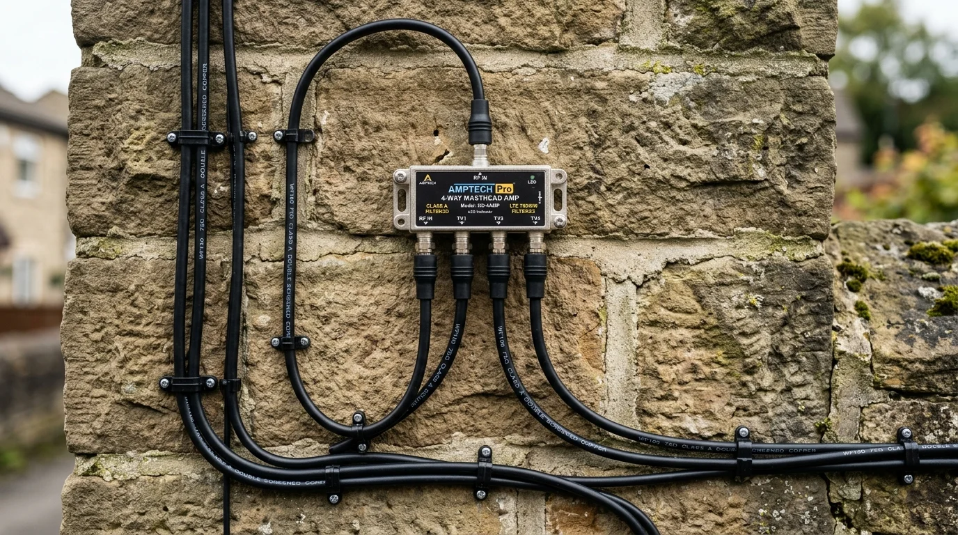 Neatly clipped UV-resistant Cat6a solid copper cable installation along mortar joints in Oldham