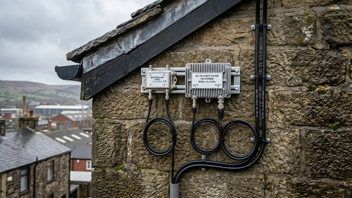 Shielded masthead amplifier and WF100 coax cable routed neatly on Oldham masonry