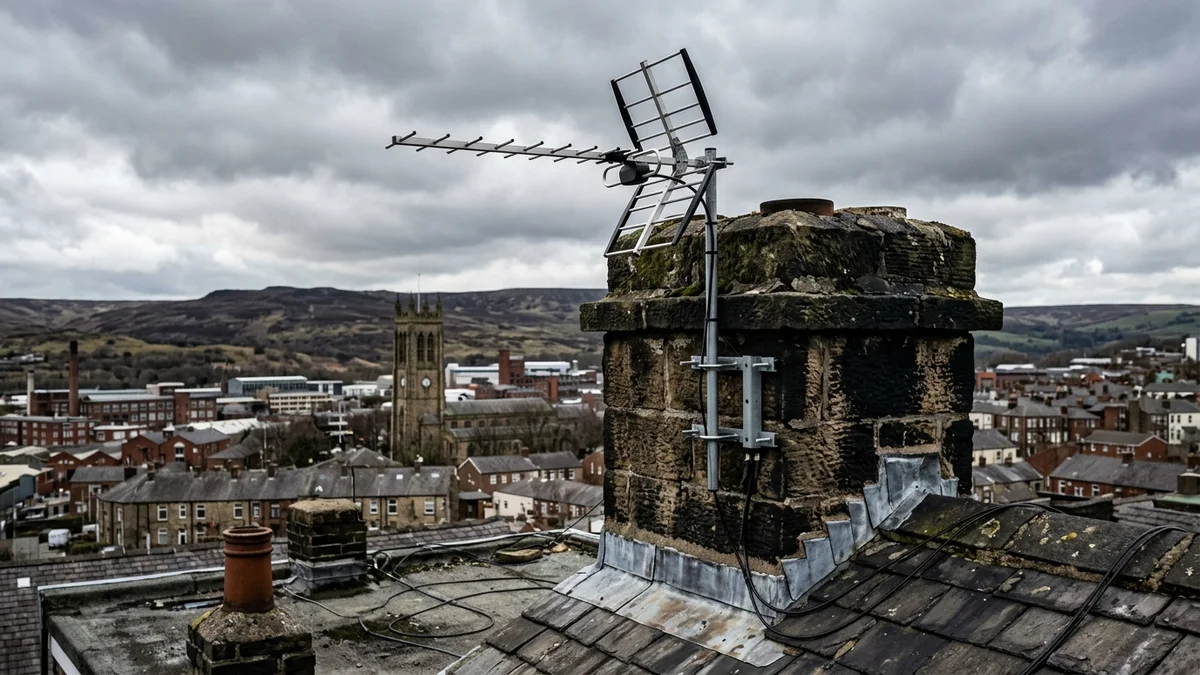 Professional digital TV aerial installation in Oldham with high-gain benchmark aerial and heavy-duty storm bracket