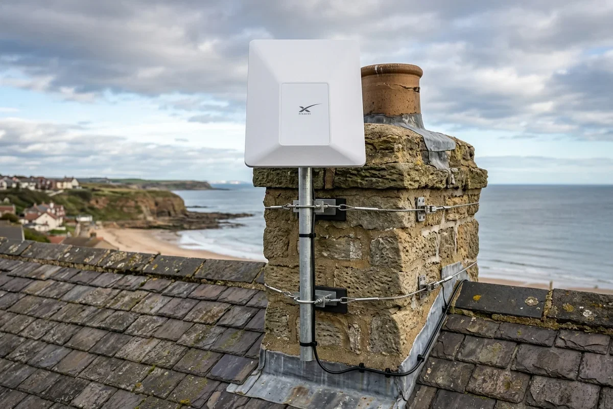 Starlink dish mounted securely on chimney in Peterlee