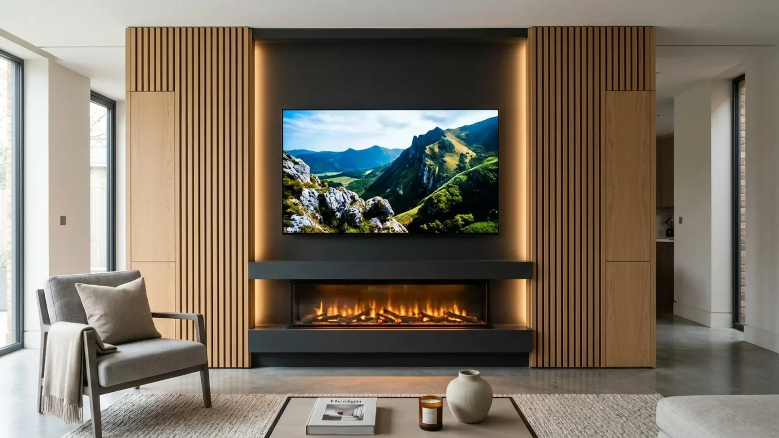Luxury bespoke media wall with acoustic slat panelling in Pleasington