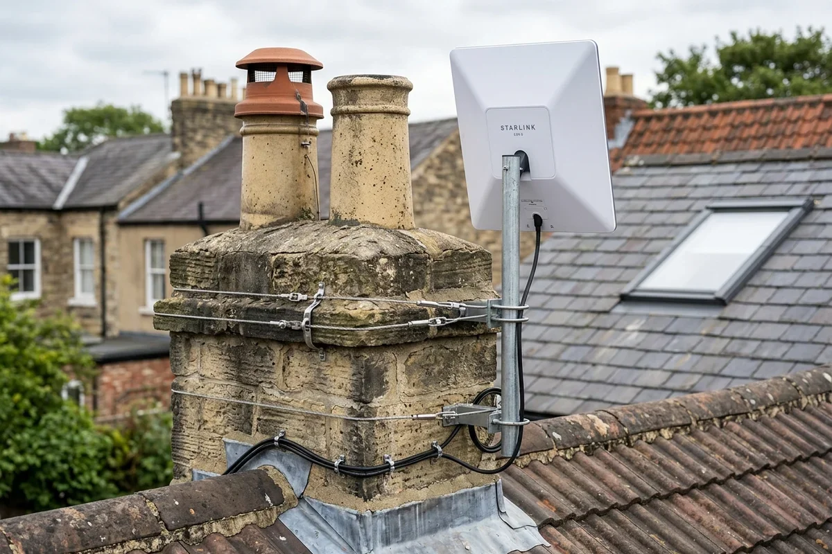 Starlink dish mounted securely on chimney in Pocklington