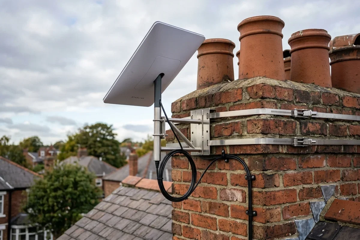 Starlink dish on roof in Ponteland on brick chimney with non-drill lashing cradle overlooking town