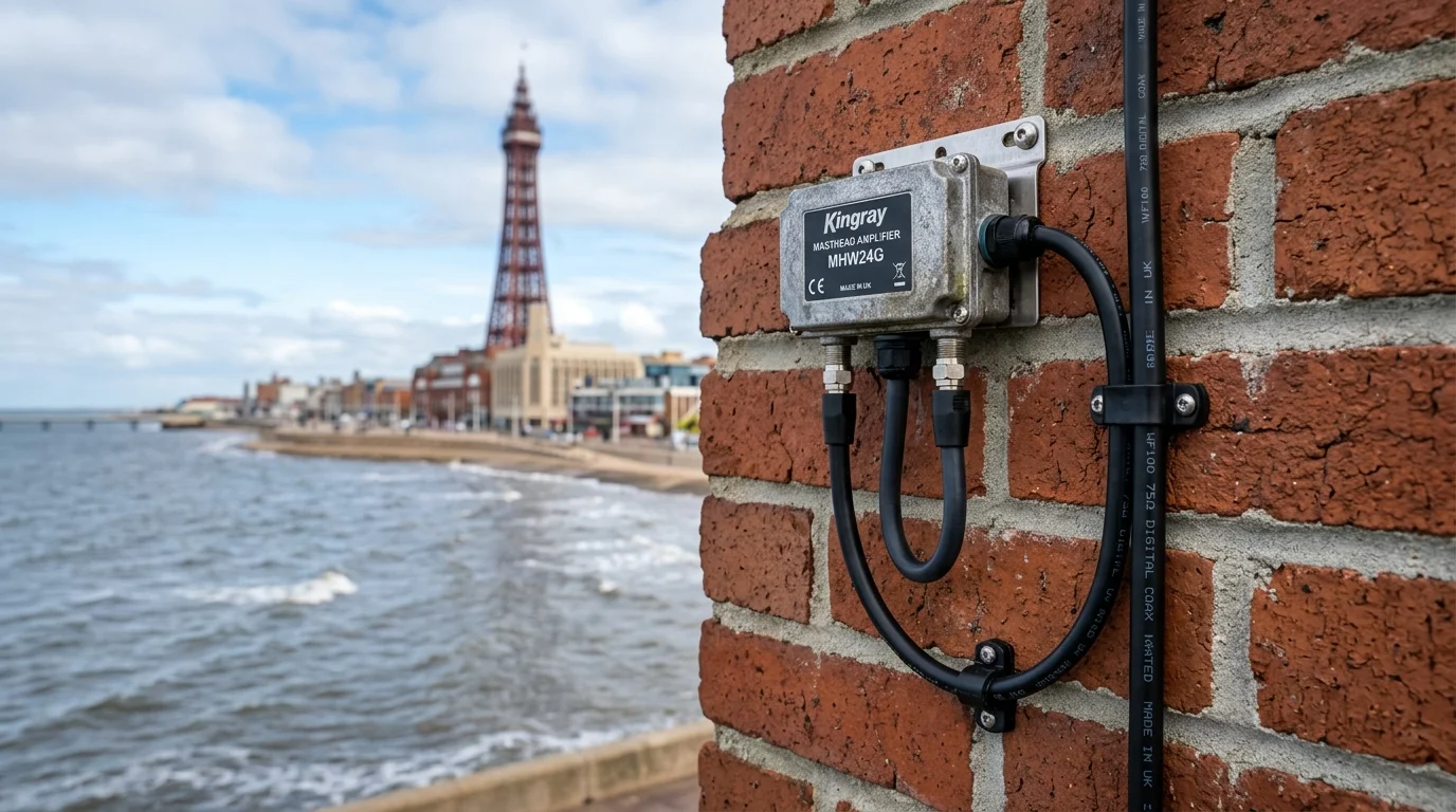 Neatly clipped UV-resistant Cat6a solid copper cable installation along mortar joints in Preston