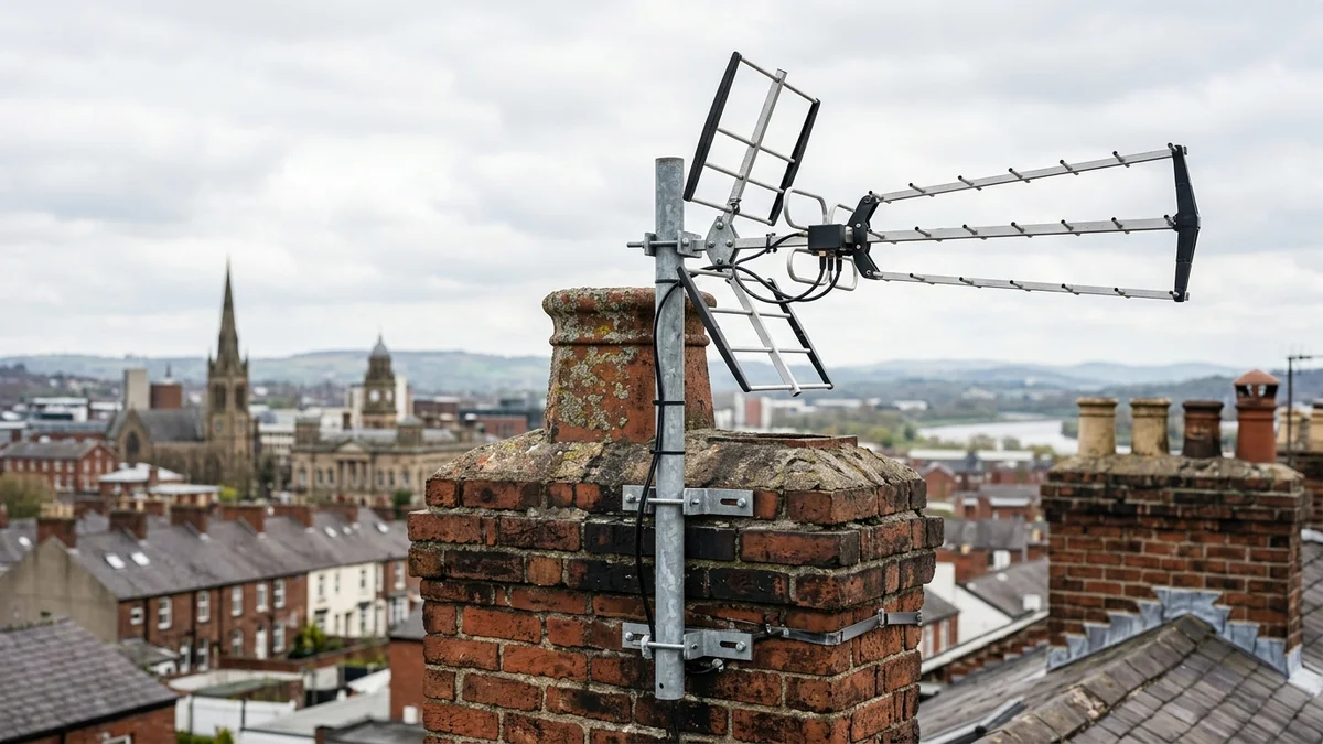 Professional digital TV aerial installation in Preston with high-gain benchmark aerial and heavy-duty storm bracket
