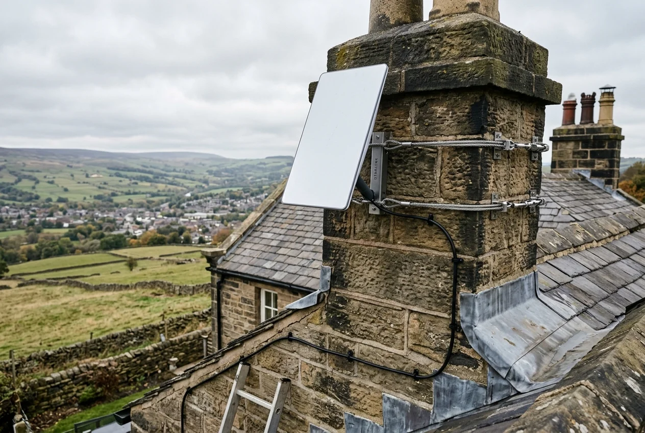 Starlink dish on roof in Rawdon on brick chimney with non-drill lashing cradle overlooking town