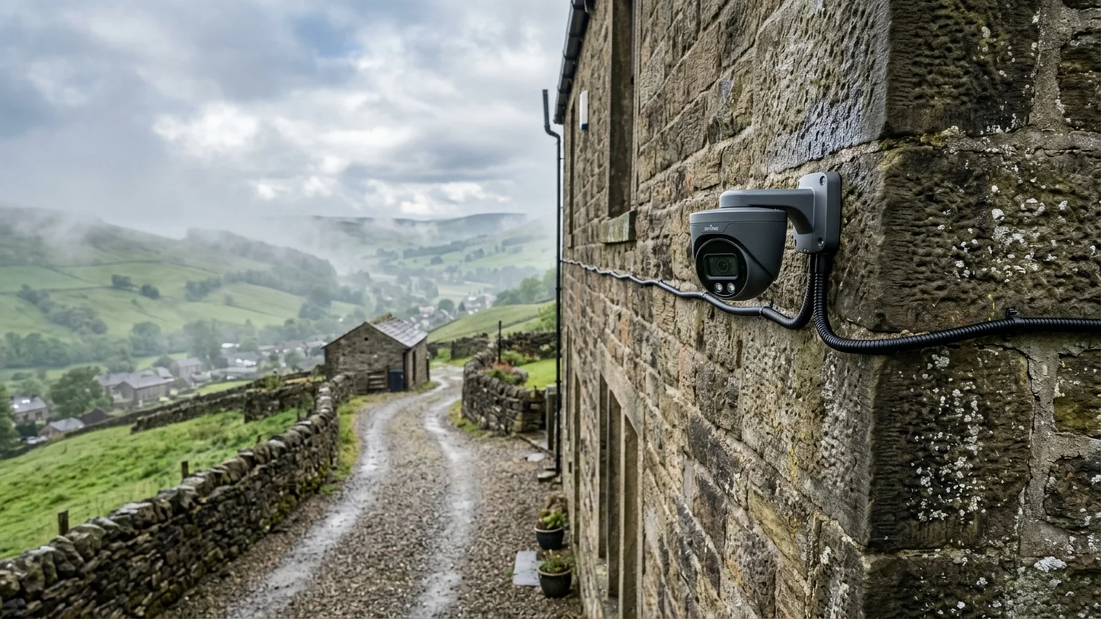 4K Hikvision ColorVu CCTV camera precision mounted onto Yorkshire stone facade in Rawtenstall