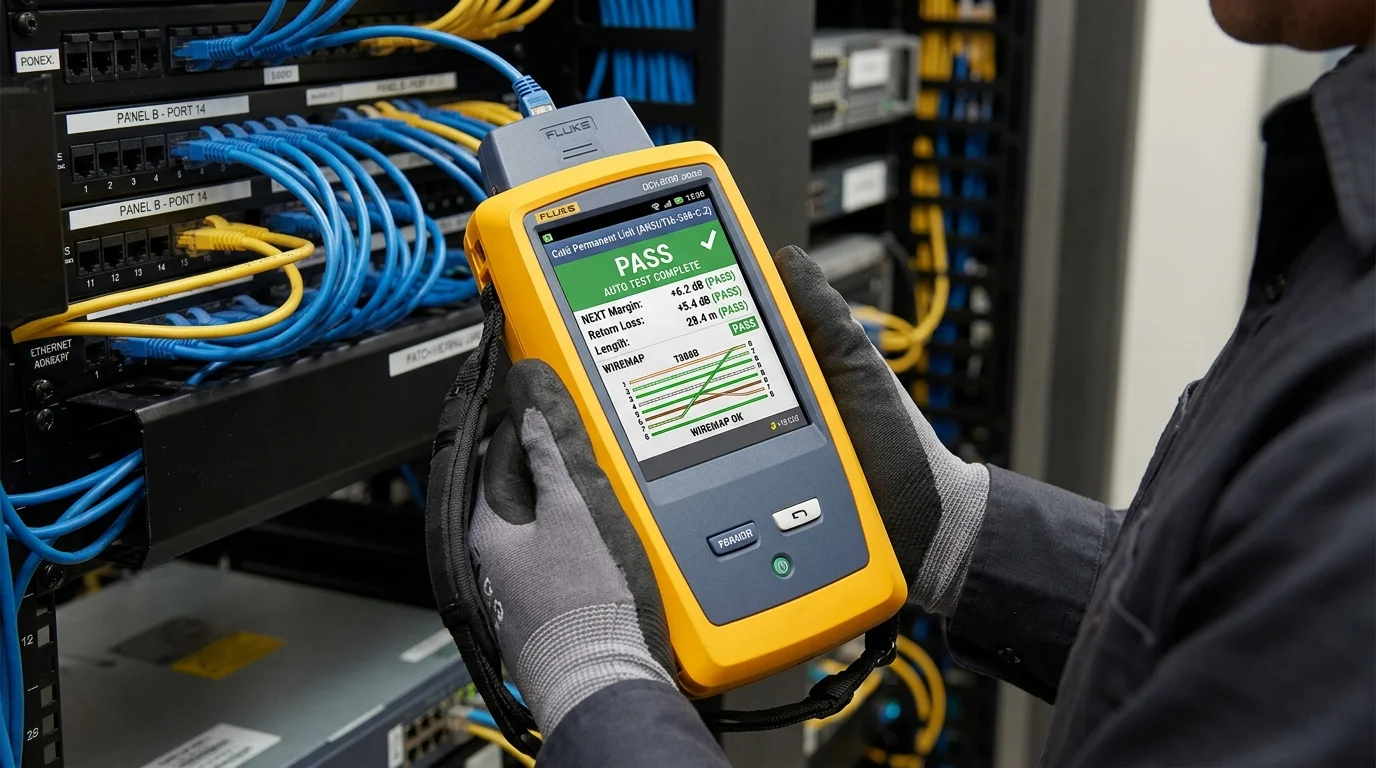 Fluke DSX-8000 CableAnalyzer displaying green PASS screen in Rishton