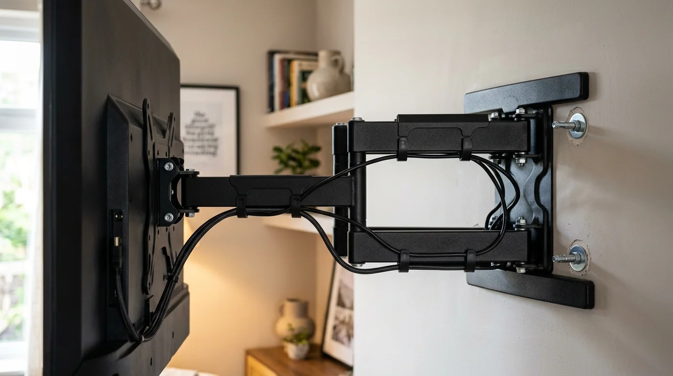 Close-up of premium black articulated full-motion dual-arm TV wall bracket extended outwards from wall in a Rishton home with CoreFix steel fixings