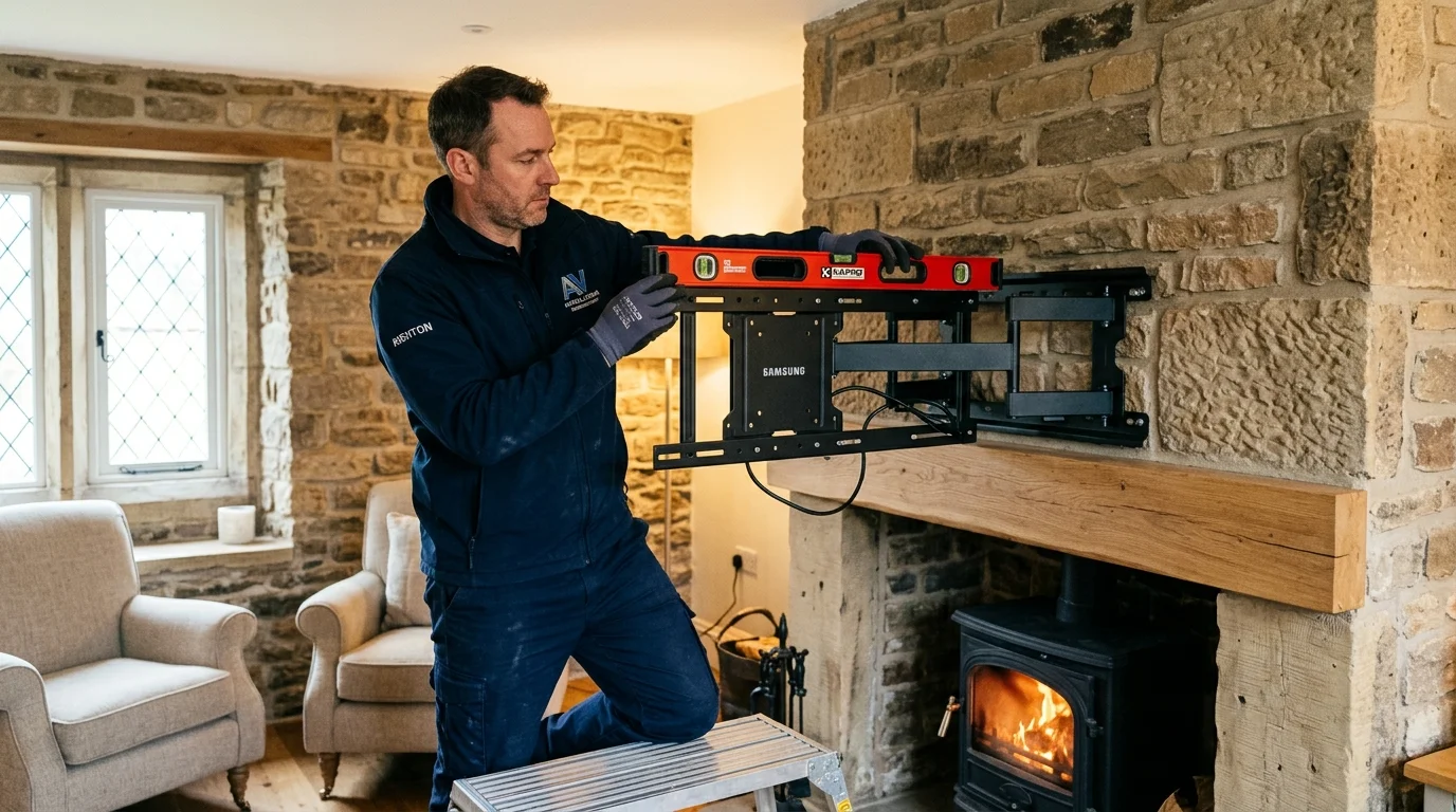 Expert audiovisual engineer in navy uniform precision mounting a 65-inch OLED TV onto a stone fireplace in a Rishton Lancashire cottage