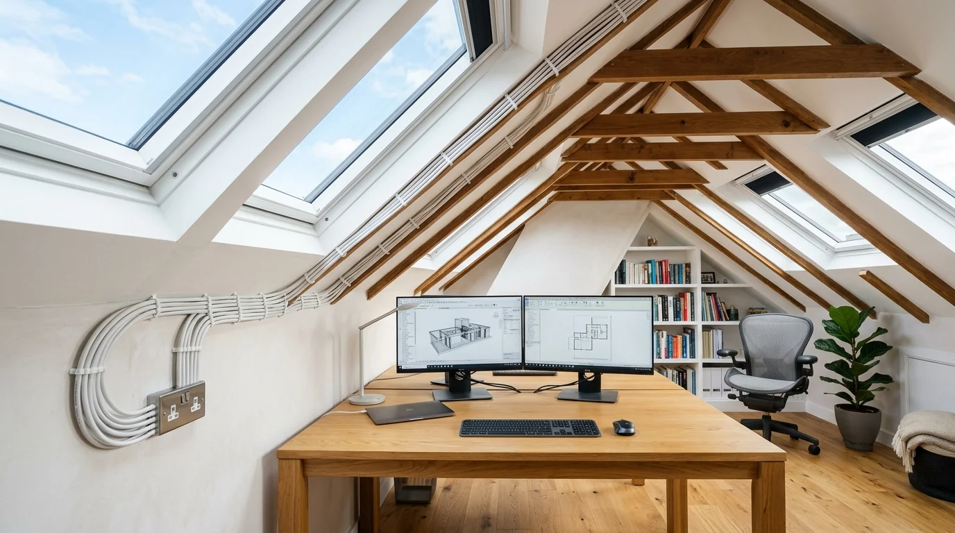 Running Cat6A Ethernet cable along rafters into a loft conversion home office in Stockport