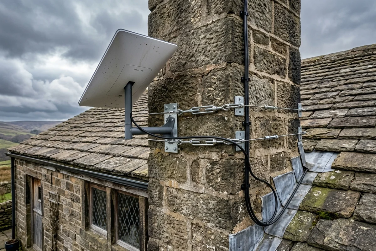 Starlink dish on roof in Saddleworth on brick chimney with non-drill lashing cradle overlooking town