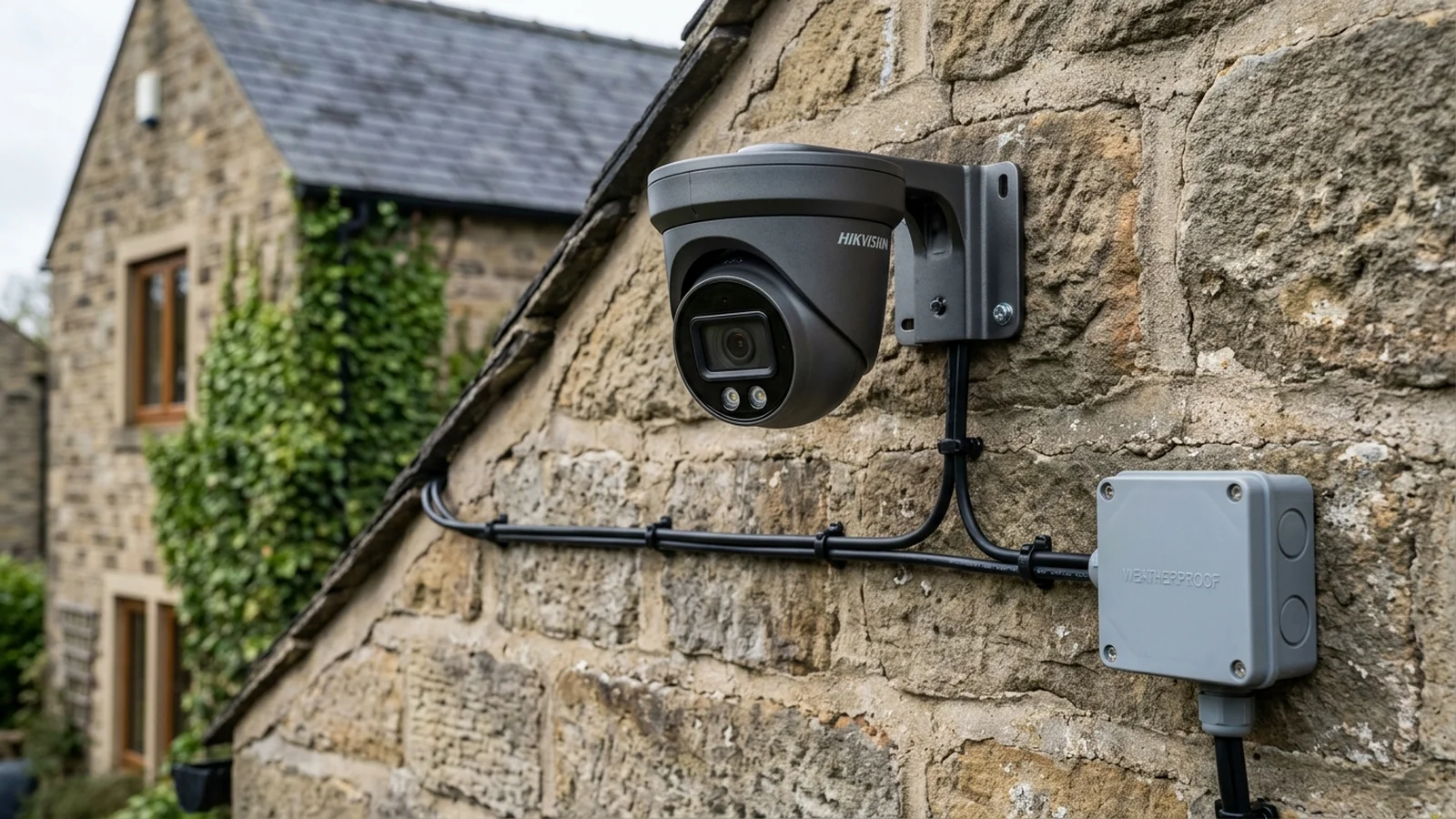 4K Hikvision ColorVu CCTV camera precision mounted onto Yorkshire stone facade in Saltaire