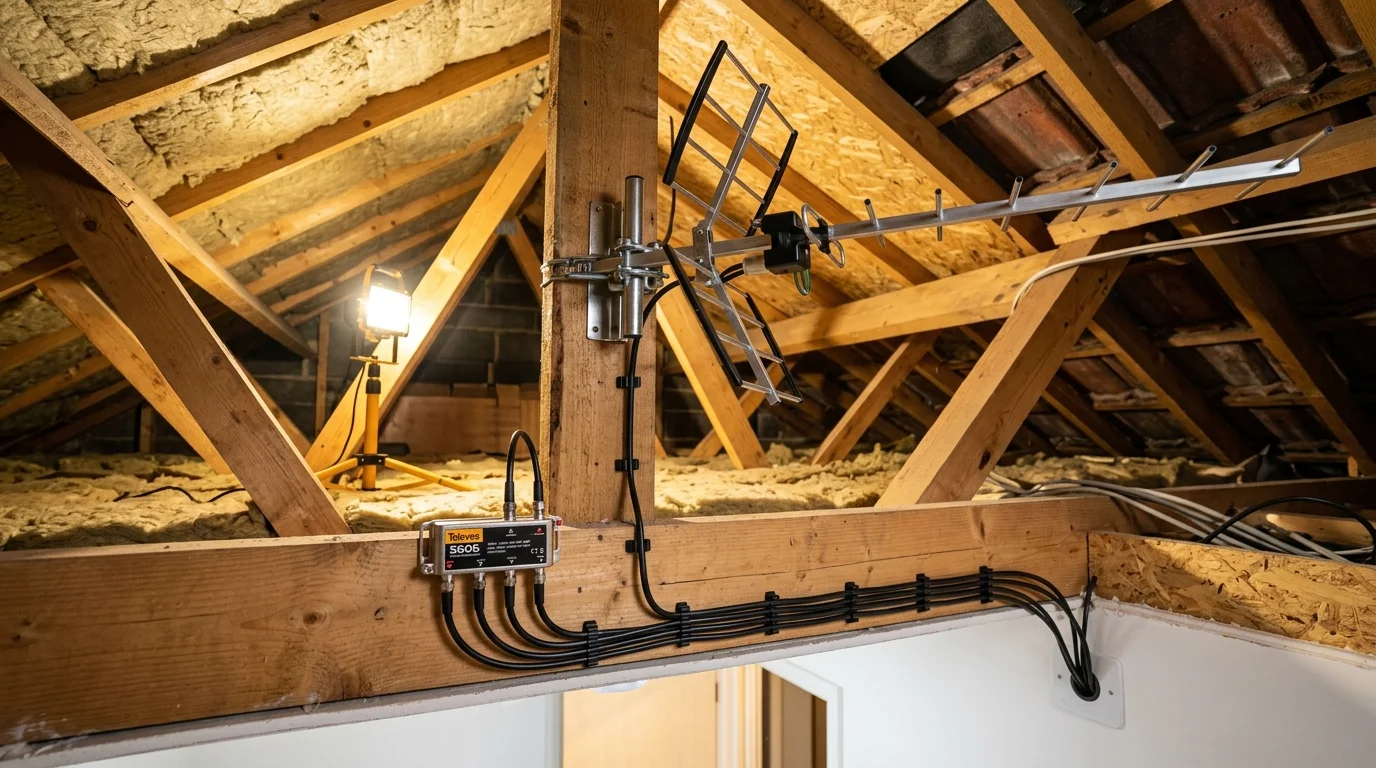 High-gain shielded digital TV aerial mounted inside Shadsworth loft space with 4-way distribution amplifier and WF100 cables