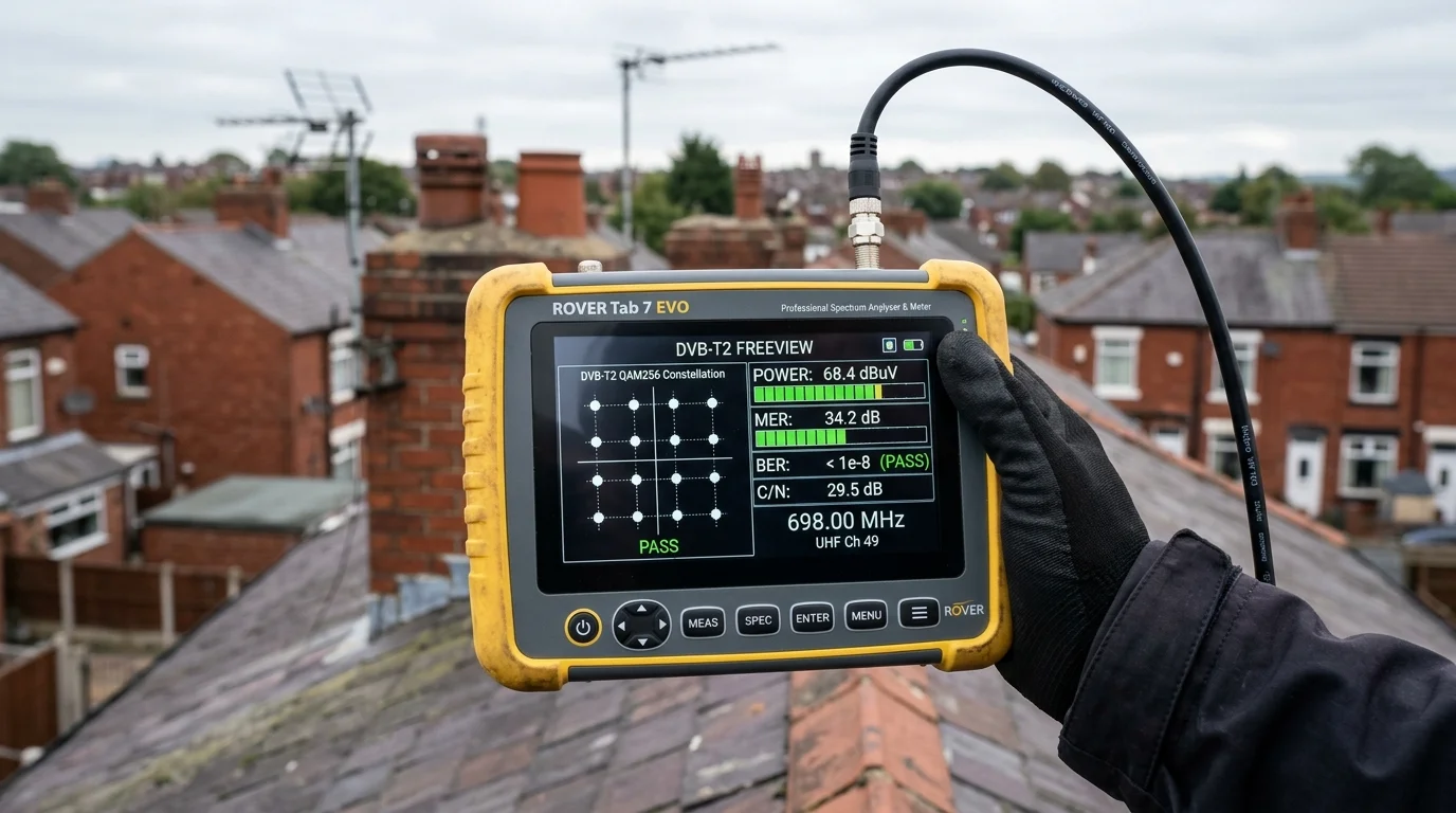 Rover digital TV field strength meter showing Freeview signal level and MER pass metrics on Shadsworth rooftop