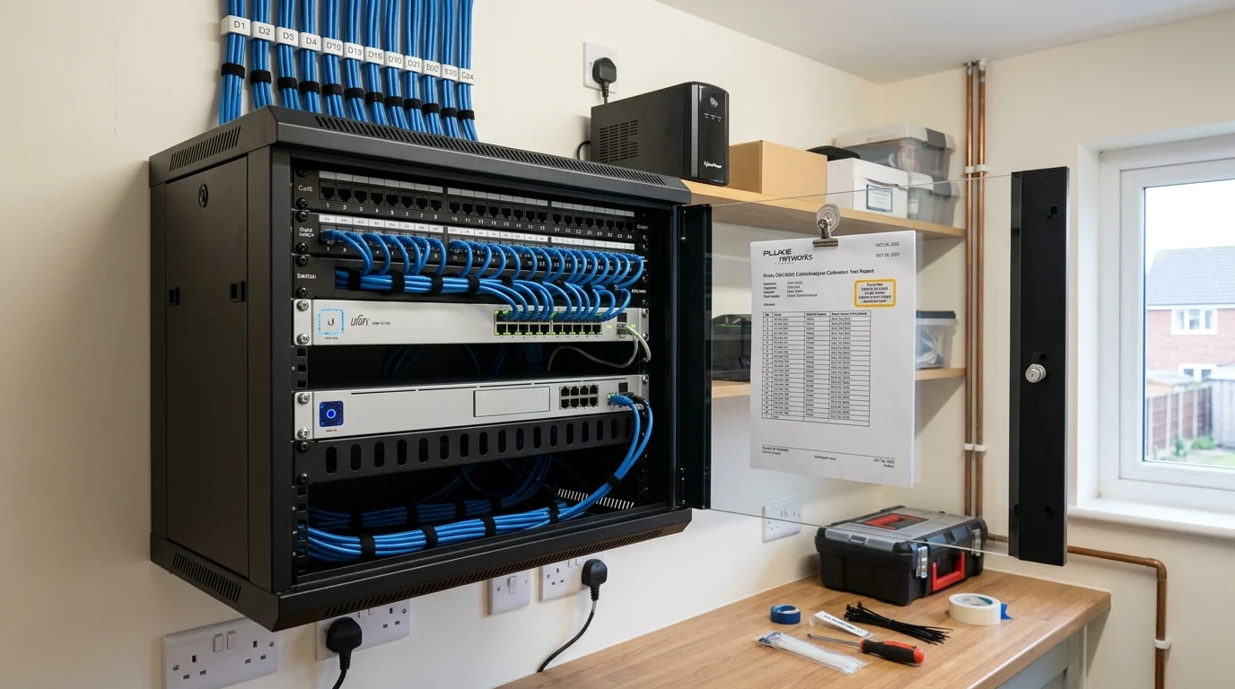 6U wall-mounted data cabinet with Gigabit PoE switch and Cat6 patch panel in Shadsworth home utility room by Gary Pearce