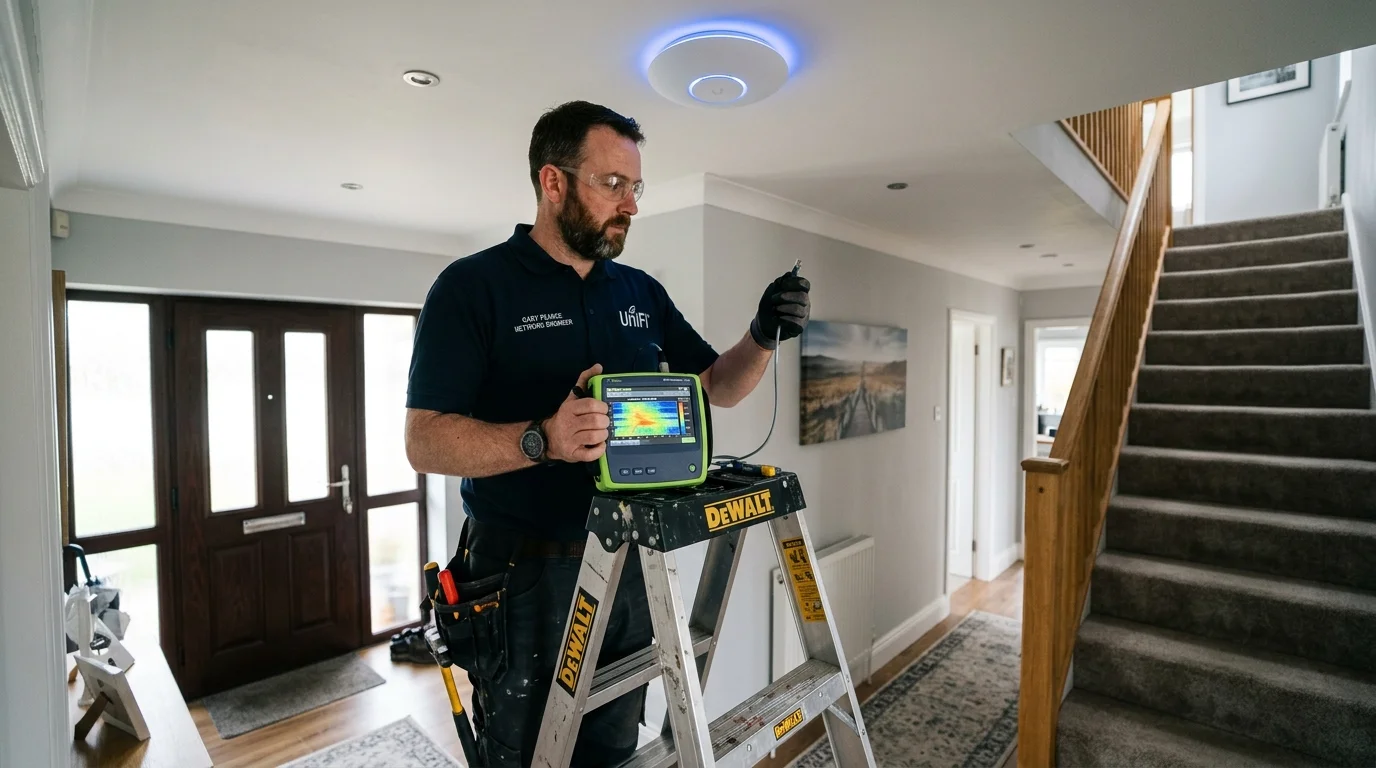 Gary Pearce installing Ubiquiti UniFi Wi-Fi 6 access point in hallway of modernised semi-detached home in Shadsworth Blackburn