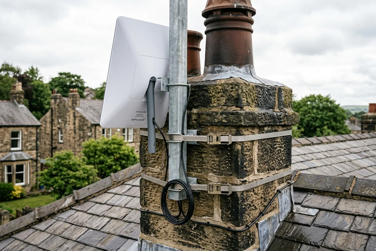 Starlink dish on roof in Sheffield on brick chimney with non-drill lashing cradle overlooking town