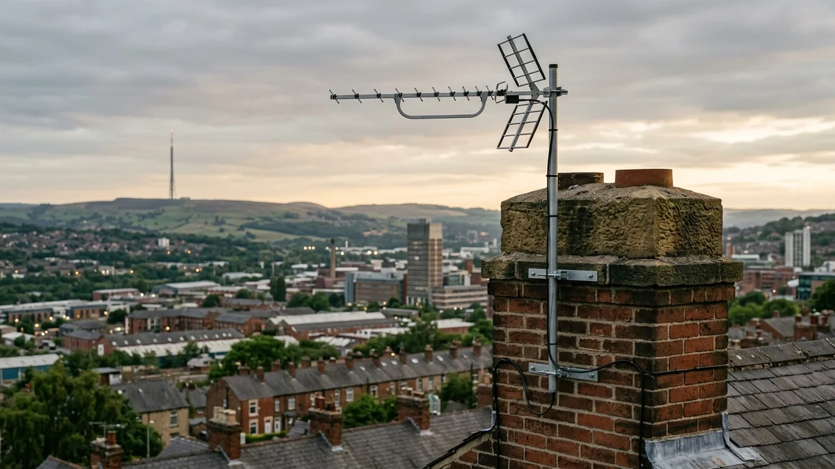 Professional digital TV aerial installation in Intake on traditional British chimney stack with galvanized Pennine storm brackets