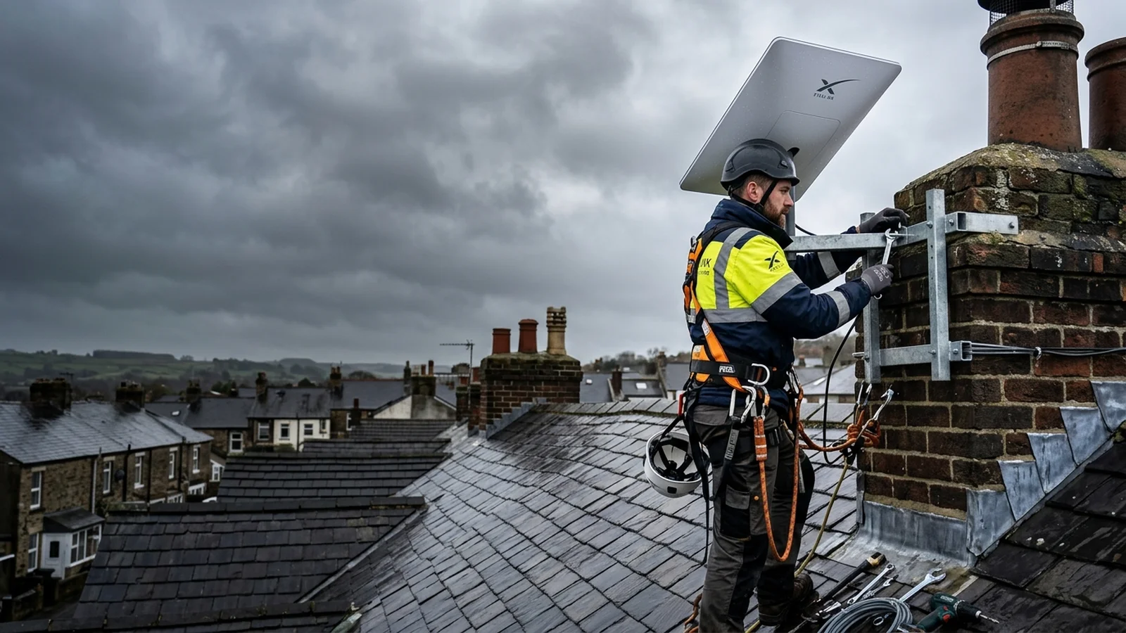 Certified Starlink Installation Engineer Gary Pearce Securing Stainless Chimney Mount