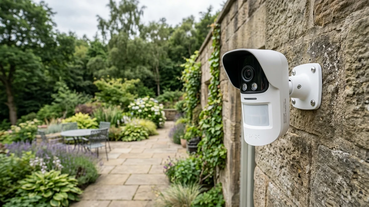 Ajax MotionCam Outdoor mounted on exterior brickwork monitoring a Stockport residential driveway