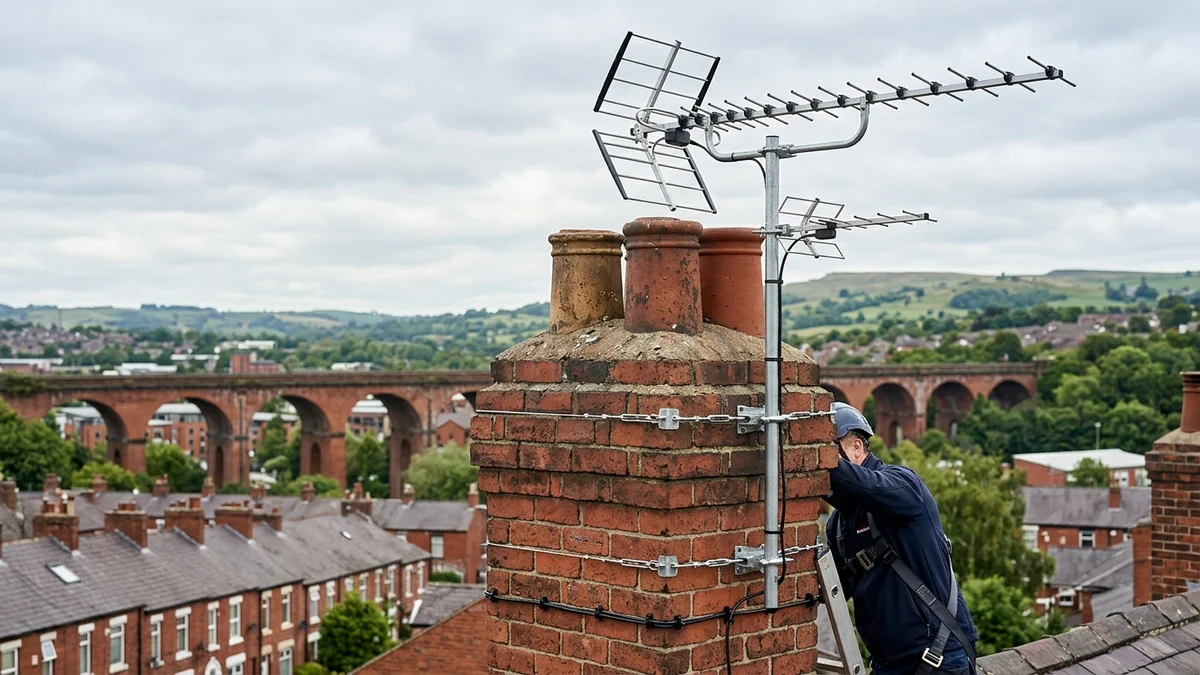 Professional digital TV aerial installation in Stockport with high-gain benchmark aerial and heavy-duty storm bracket