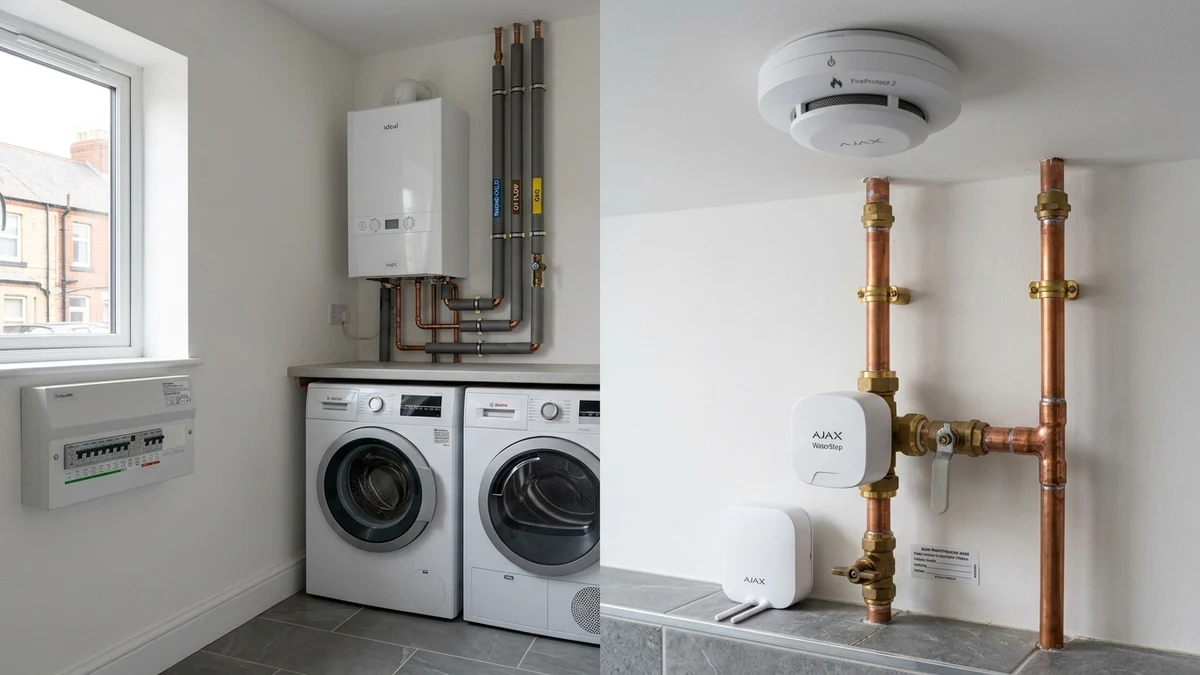 Ajax FireProtect 2 ceiling smoke detector and WaterStop electric smart shutoff valve installed cleanly on copper plumbing in a Sunderland home