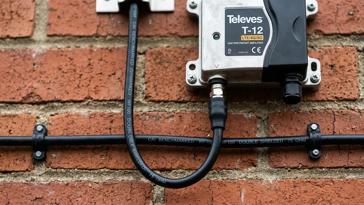 Weatherproof shielded masthead amplifier and WF100 coaxial cabling on exterior brickwork in Sunderland