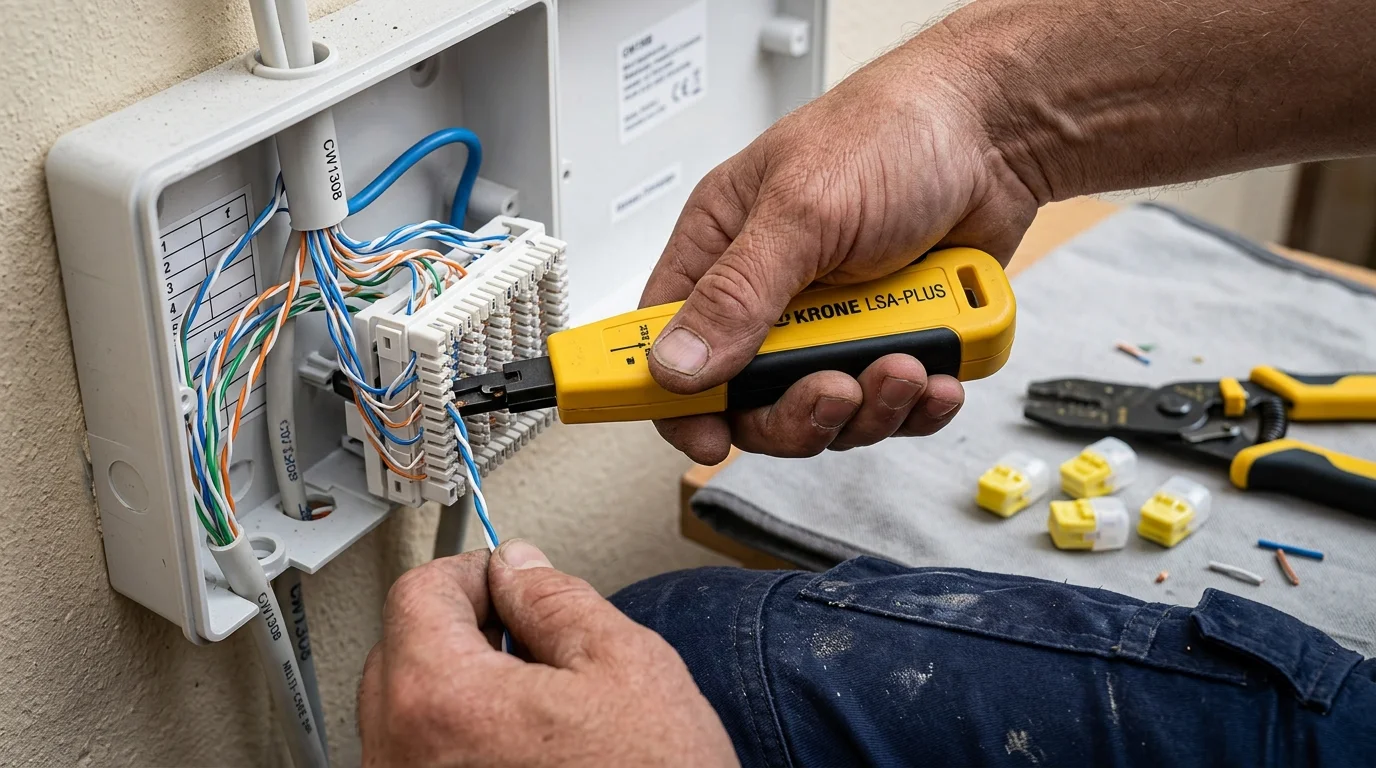 Professional telecommunications engineer terminating telephone wires with Krone LSA-PLUS tool