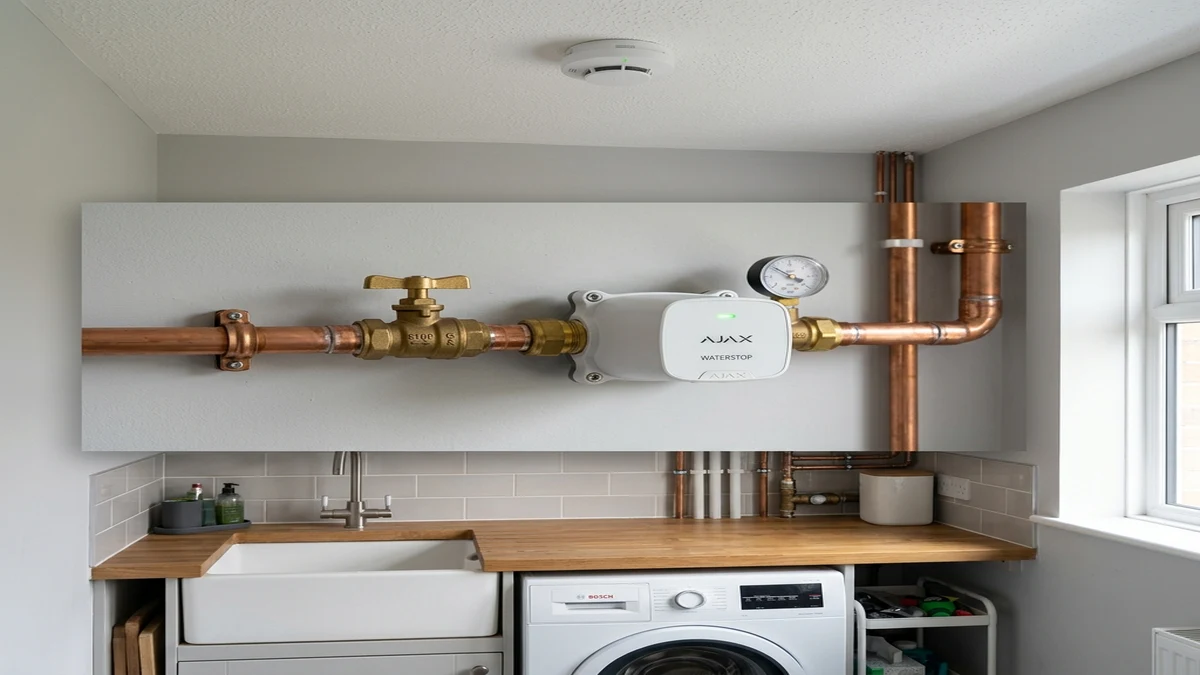 Ajax FireProtect 2 ceiling smoke detector and WaterStop electric smart shutoff valve installed cleanly on copper plumbing in a Wakefield home