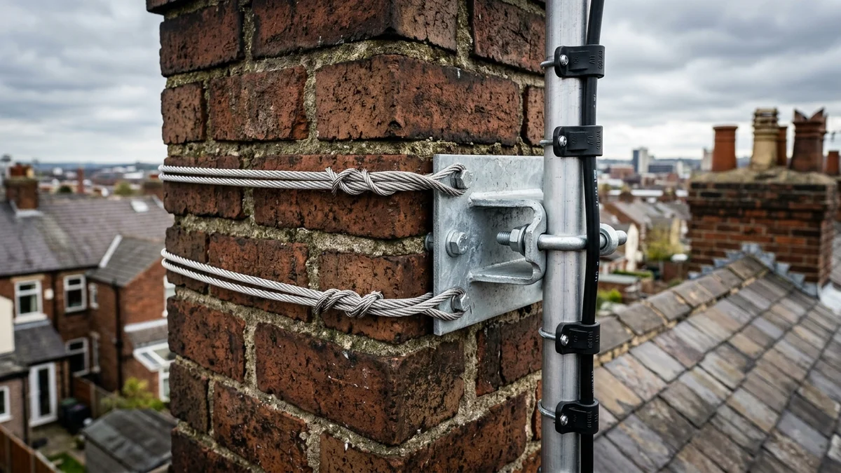 Heavy-duty storm-proof chimney aerial mount in Wakefield with double stainless steel lashing wire