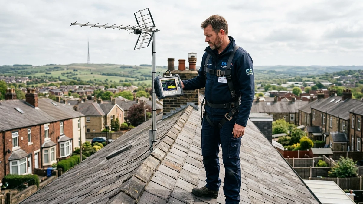 Engineer reading spectrum analyzer meter showing Emley Moor frequencies on Wakefield rooftop