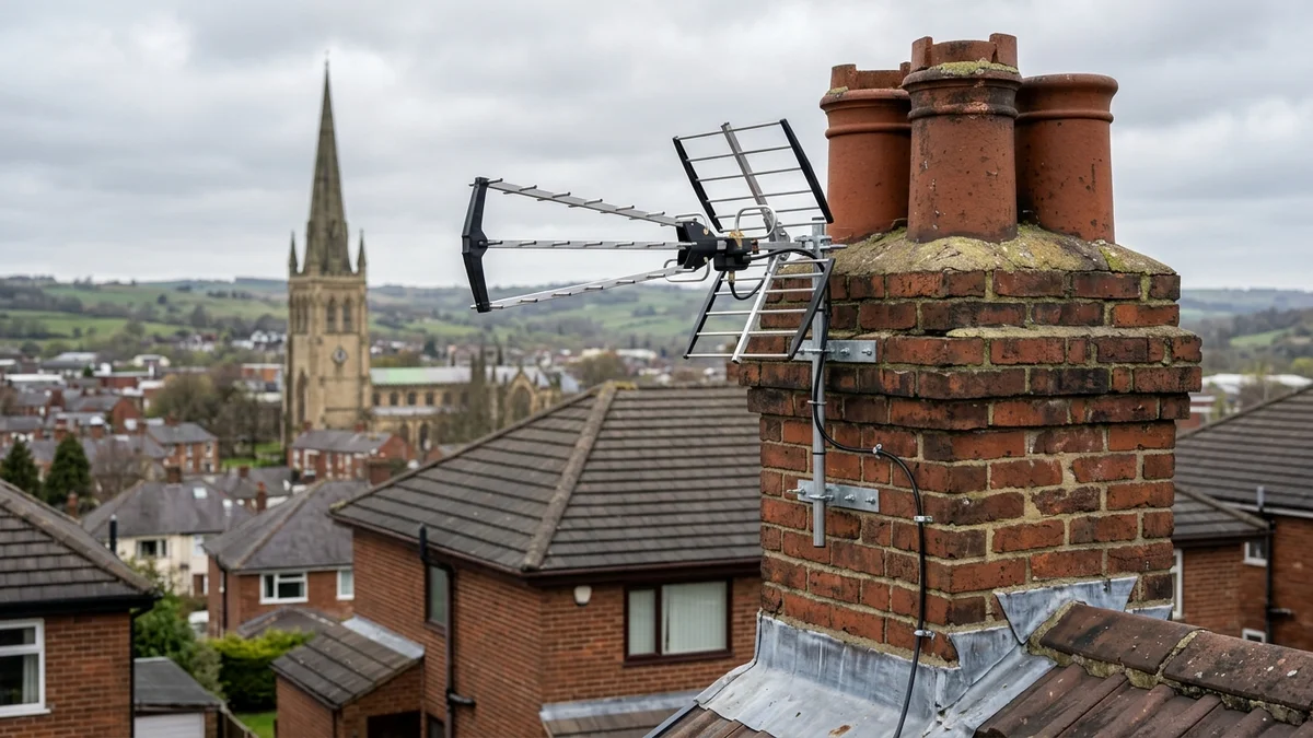 Professional digital TV aerial installation in Wakefield with high-gain benchmark aerial and heavy-duty storm bracket