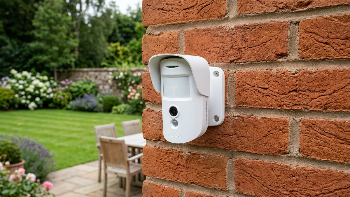 Ajax MotionCam Outdoor mounted on exterior brickwork monitoring a Warrington residential driveway
