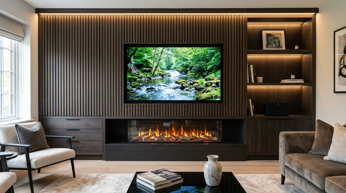Luxury Acoustic Media Wall TV Installation in Warrington with Recessed OLED Display