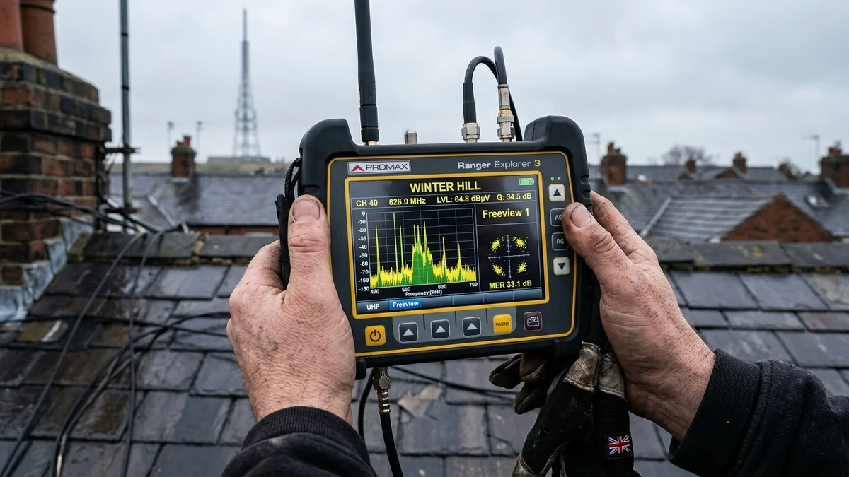 Aerial engineer using spectrum analyzer meter on Warrington rooftop testing Winter Hill UHF signal strength