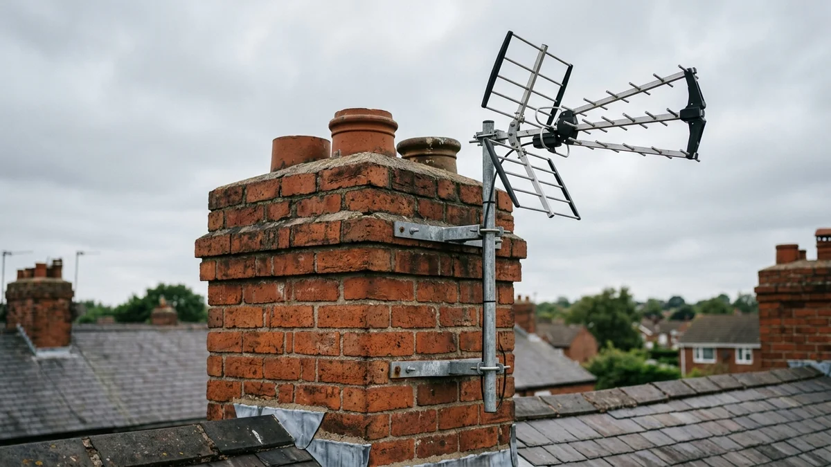 Professional digital TV aerial installation in Warrington with high-gain benchmark aerial and heavy-duty storm bracket