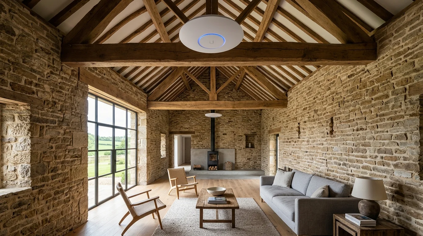 Ubiquiti UniFi Enterprise WiFi 7 access point installed on oak beam in a Warrington stone barn conversion