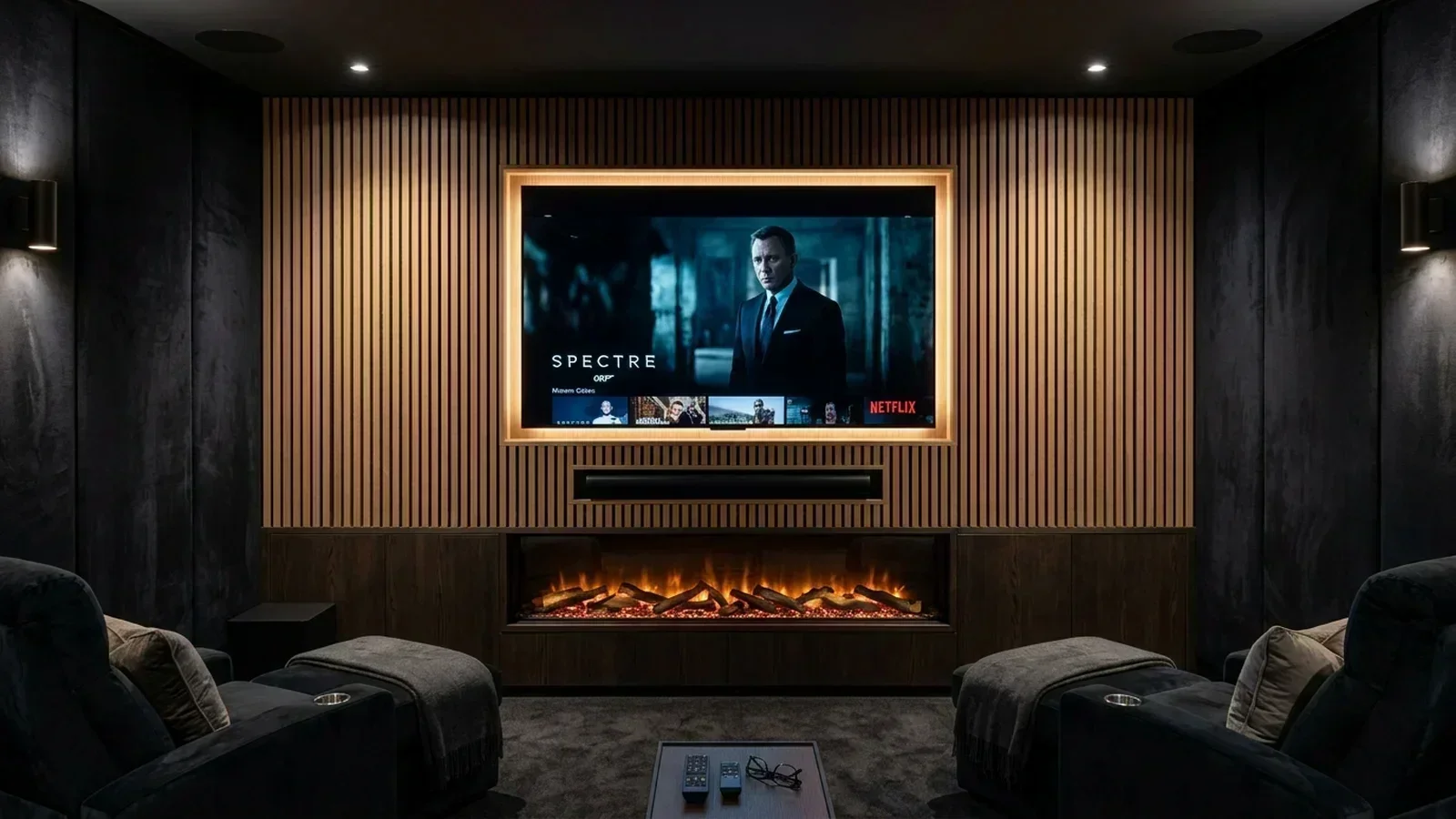 Bespoke luxury media wall installation in Whalley with electric fireplace