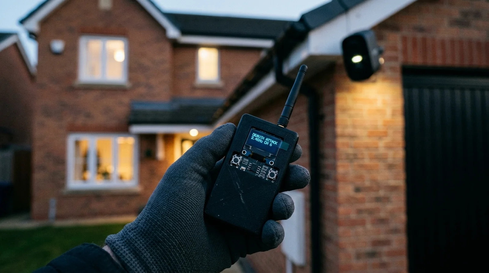 Handheld 2.4GHz wireless CCTV jamming device emitting deauth attack packets outside UK suburban home