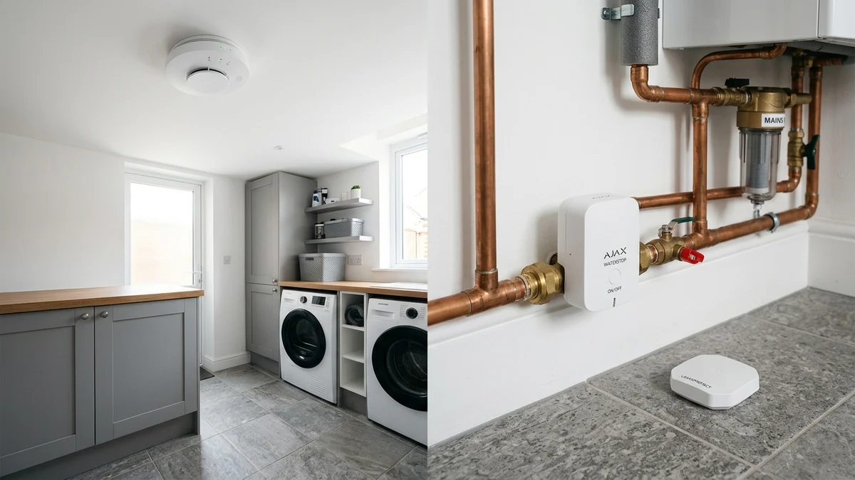 Ajax FireProtect 2 ceiling smoke detector and WaterStop electric smart shutoff valve installed cleanly on copper plumbing in a Wigan home