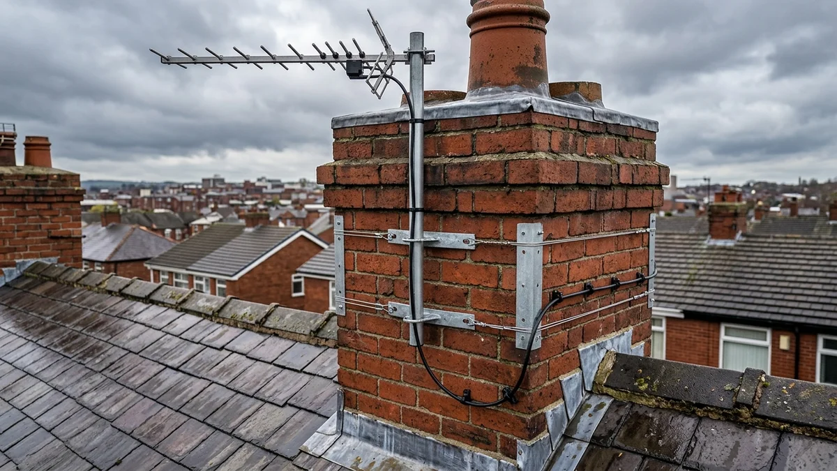 Heavy-duty storm-proof chimney aerial mount in Wigan with double stainless steel lashing wire