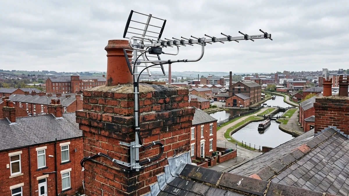 Professional digital TV aerial installation in Wigan with high-gain benchmark aerial and heavy-duty storm bracket