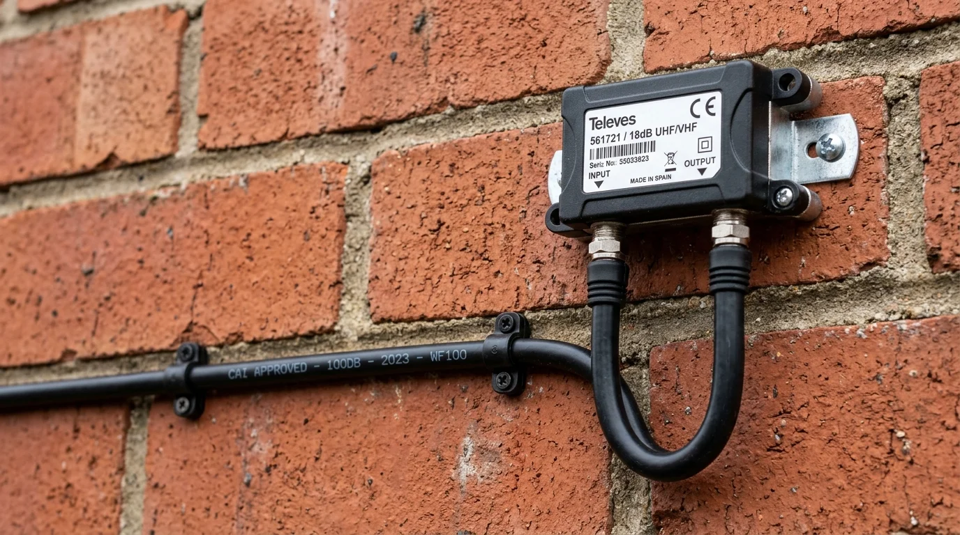Neatly clipped UV-resistant Cat6a solid copper cable installation along mortar joints in Wigan