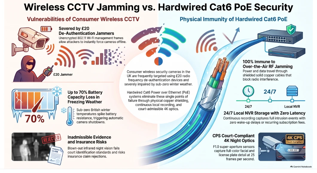 Forensic architectural infographic comparing wireless CCTV jamming vulnerabilities against hardwired Cat6 PoE security
